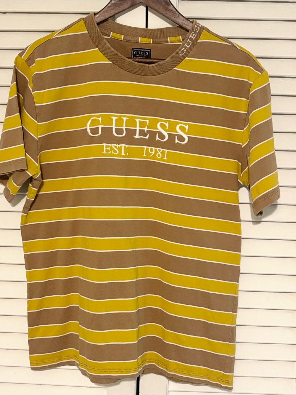 GUESS Brown and Yellow Striped Logo Crewneck Tee